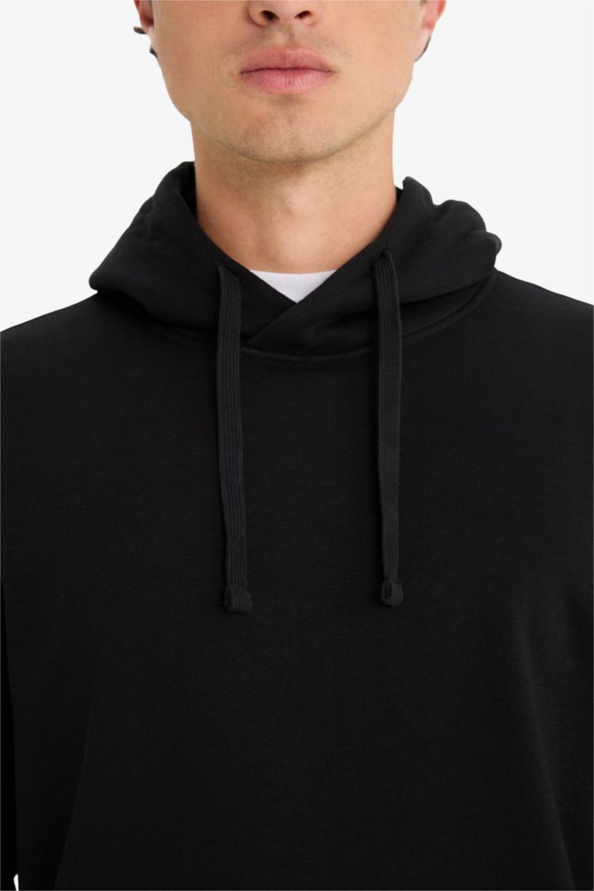 Erkek Siyah Regular Fit Kapüşonlu İçi Yumuşak Tüylü Kanguru Cepli Basic Düz Sweatshirt