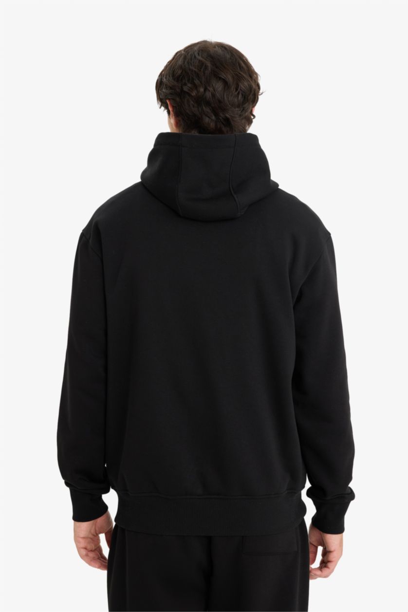 Erkek Siyah Regular Fit Kapüşonlu İçi Yumuşak Tüylü Kanguru Cepli Basic Düz Sweatshirt
