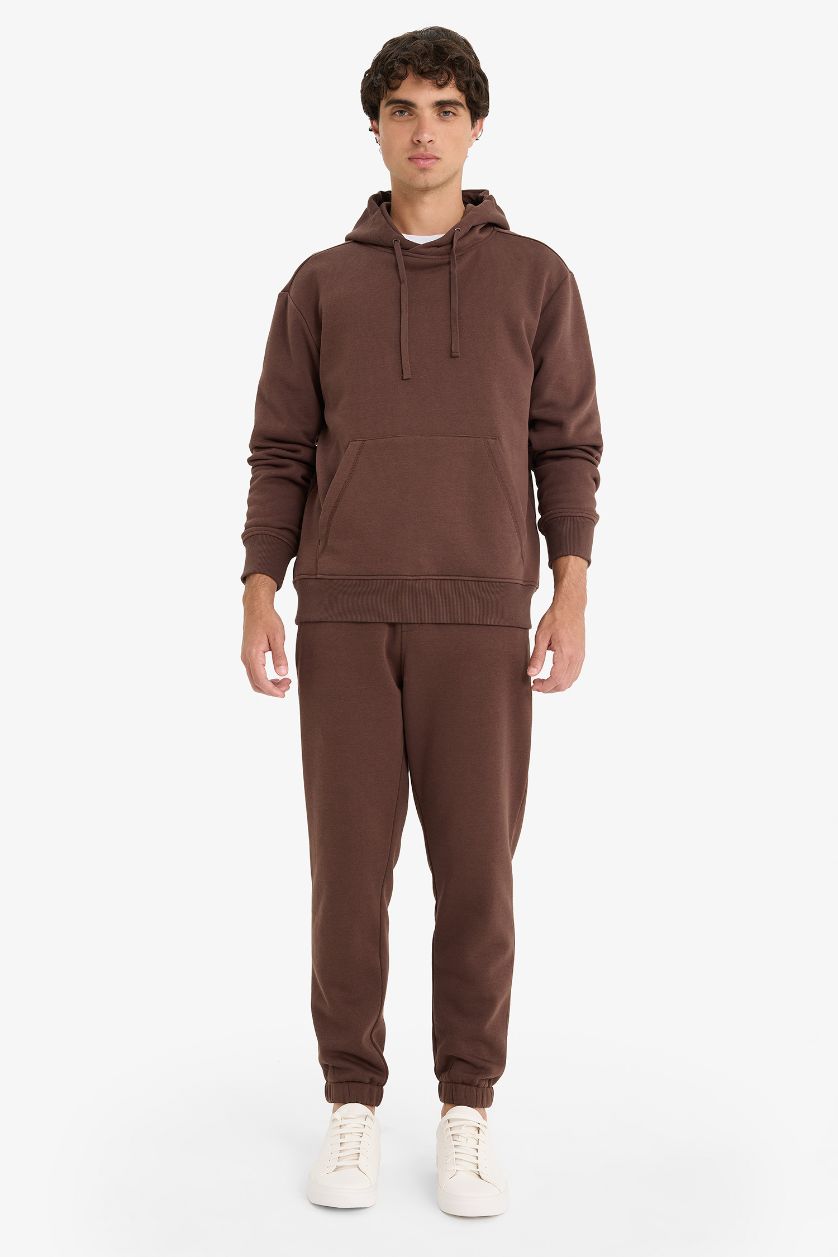 Erkek Kahve Regular Fit Kapüşonlu İçi Yumuşak Tüylü Kanguru Cepli Basic Düz Sweatshirt