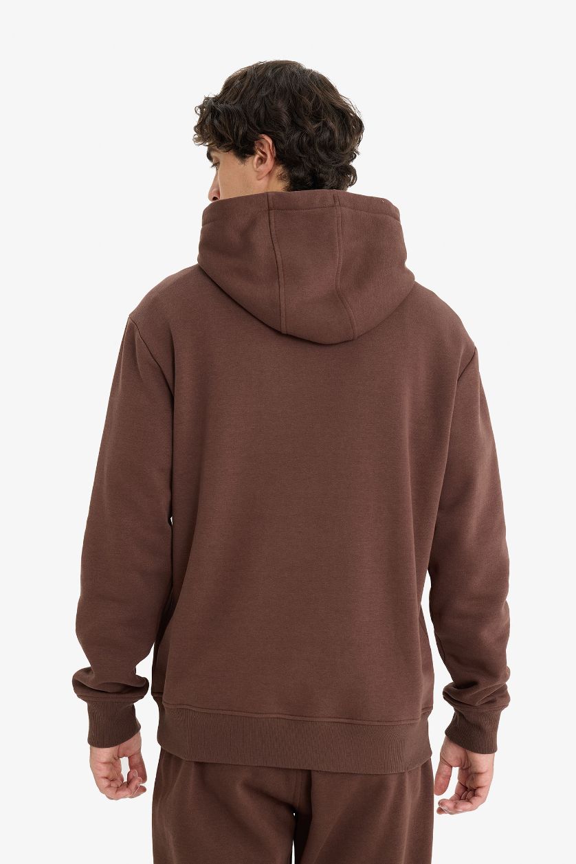 Erkek Kahve Regular Fit Kapüşonlu İçi Yumuşak Tüylü Kanguru Cepli Basic Düz Sweatshirt