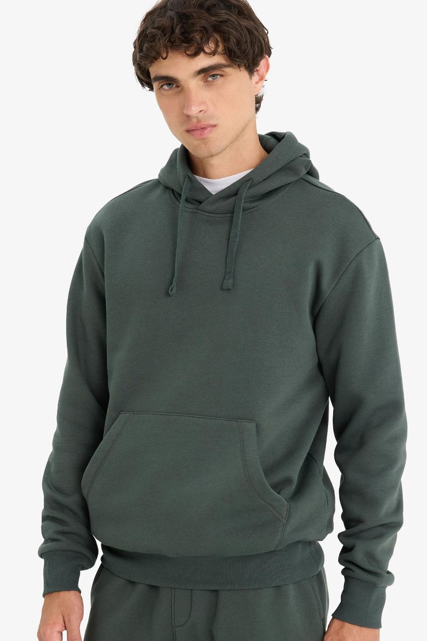 Man Dark Green Regular Fit Soft Lining Basic Hoodie