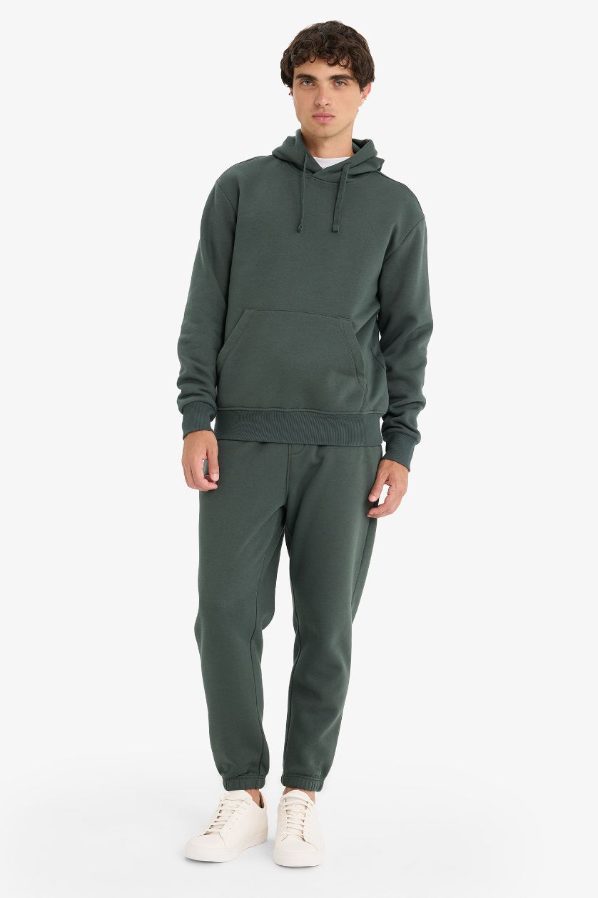 Man Dark Green Regular Fit Soft Lining Basic Hoodie