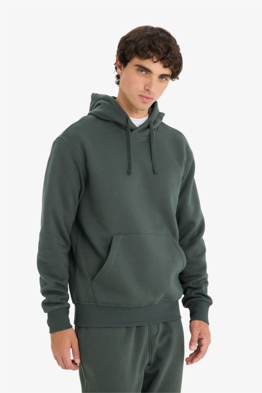 Man Dark Green Regular Fit Soft Lining Basic Hoodie