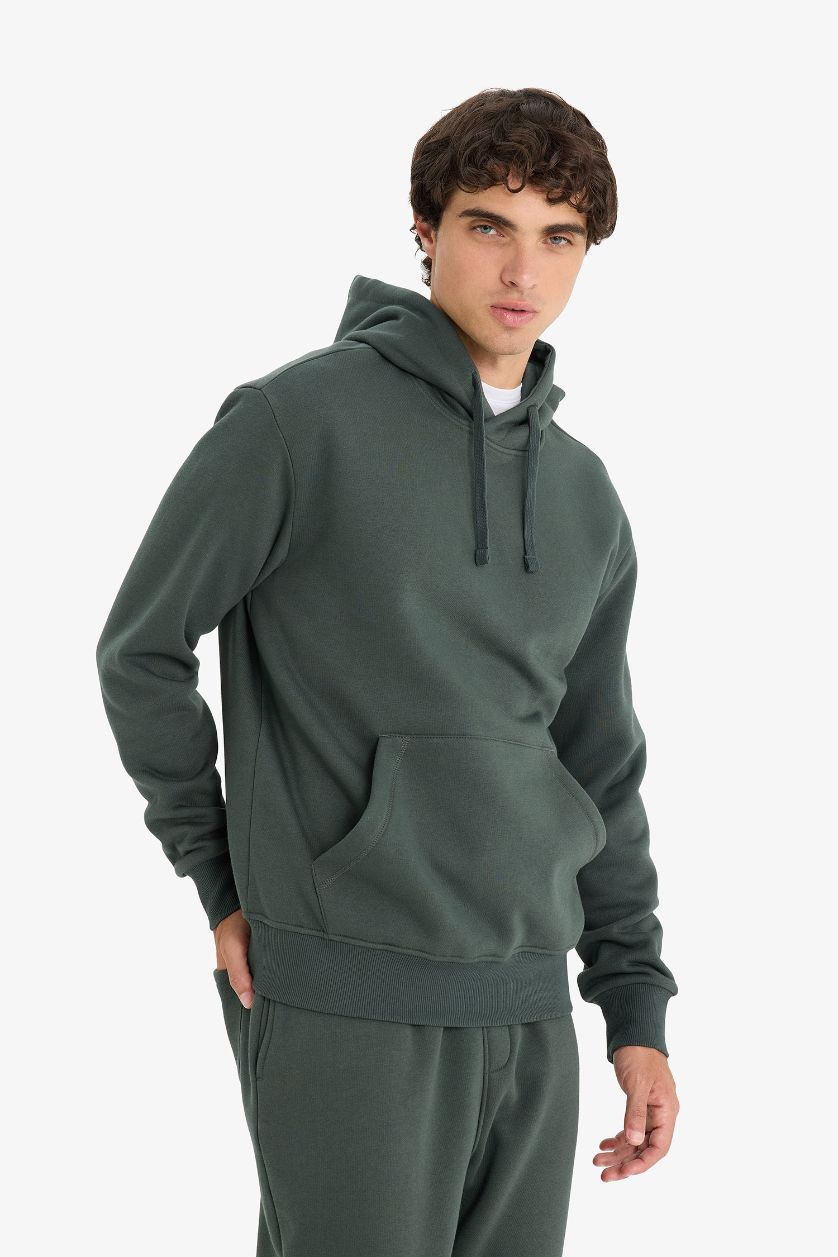 Man Dark Green Regular Fit Soft Lining Basic Hoodie