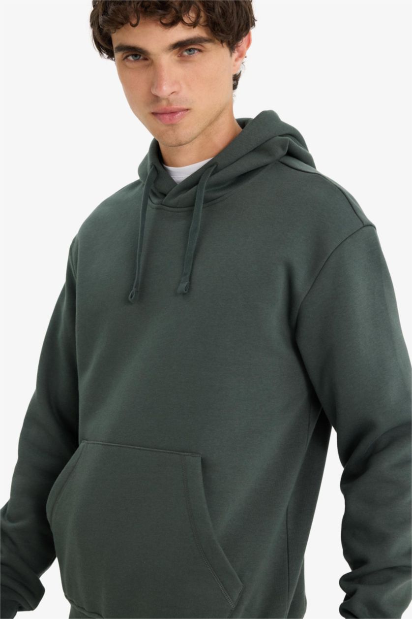 Man Dark Green Regular Fit Soft Lining Basic Hoodie