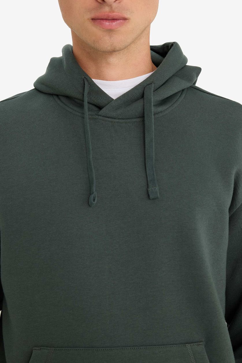 Man Dark Green Regular Fit Soft Lining Basic Hoodie