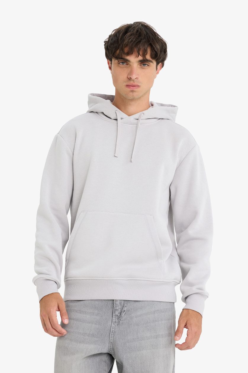 Erkek Açık Gri Regular Fit Kapüşonlu İçi Yumuşak Tüylü Kanguru Cepli Basic Düz Sweatshirt