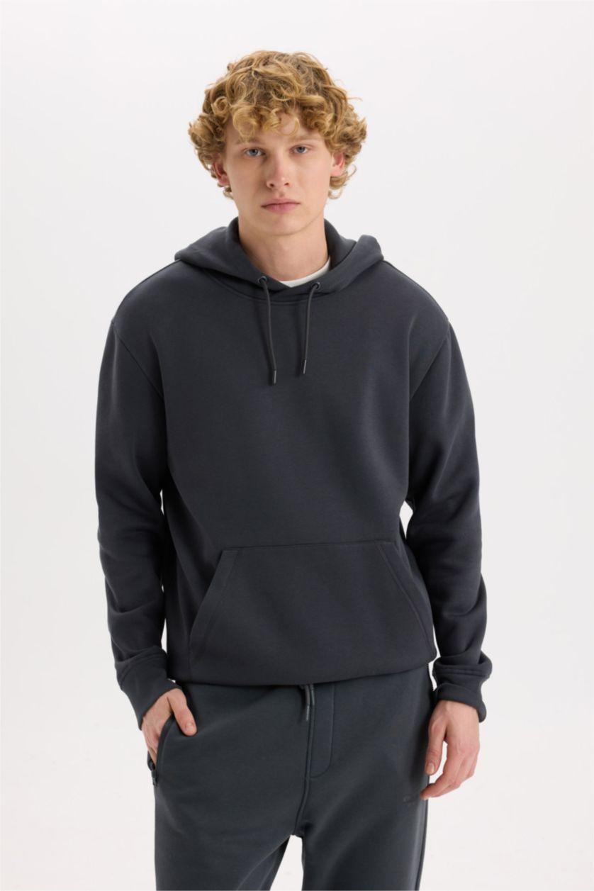 رجالي أنثرا هودي بيزك سادة قصة عادية بجيب وبطانة ناعمة