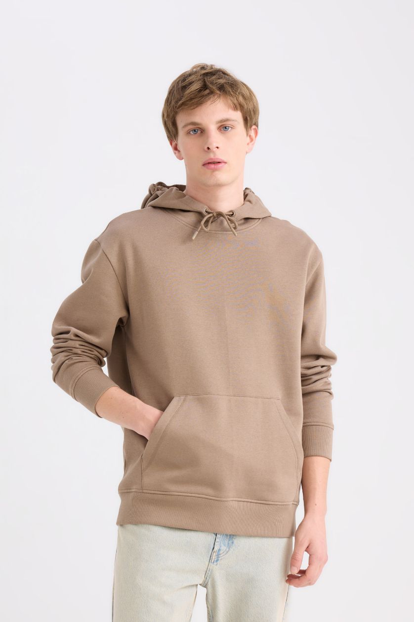 Erkek Açık Kahve Regular Fit Kapüşonlu Kanguru Cepli İçi Yumuşak Tüylü Basic Düz Sweatshirt