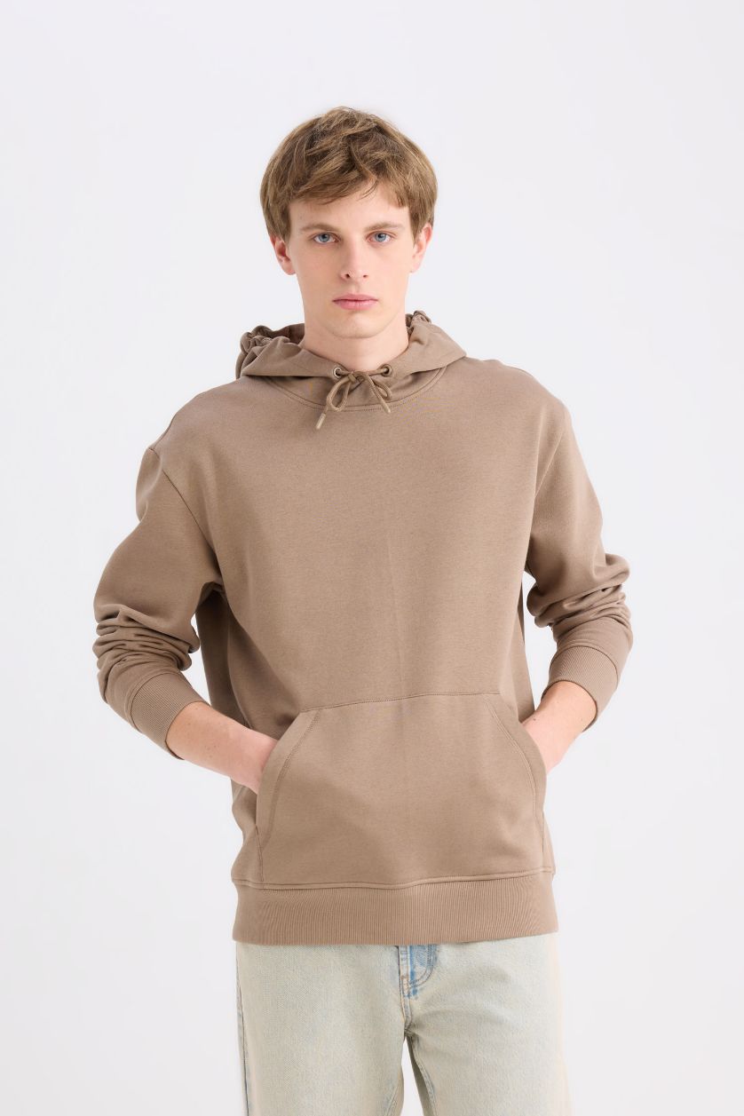 Erkek Açık Kahve Regular Fit Kapüşonlu Kanguru Cepli İçi Yumuşak Tüylü Basic Düz Sweatshirt