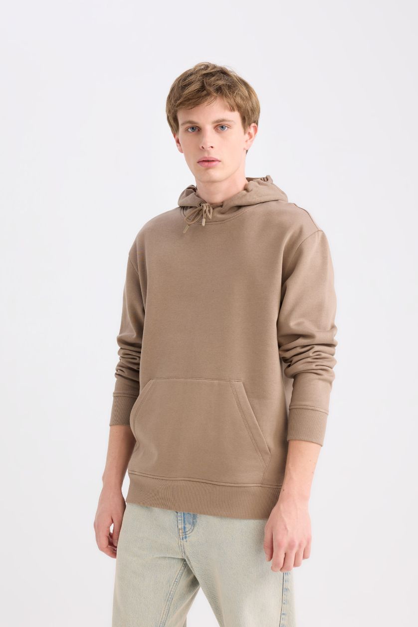 Erkek Açık Kahve Regular Fit Kapüşonlu Kanguru Cepli İçi Yumuşak Tüylü Basic Düz Sweatshirt