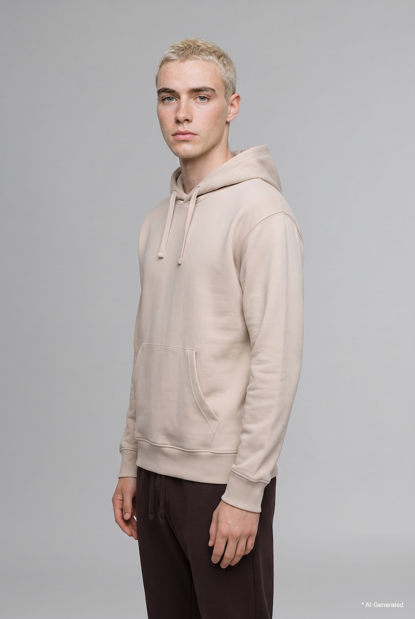 MAN Beige Regular Fit with Soft Fleece Lining and Kangaroo Pocket Hooded Basic Sweatshirt