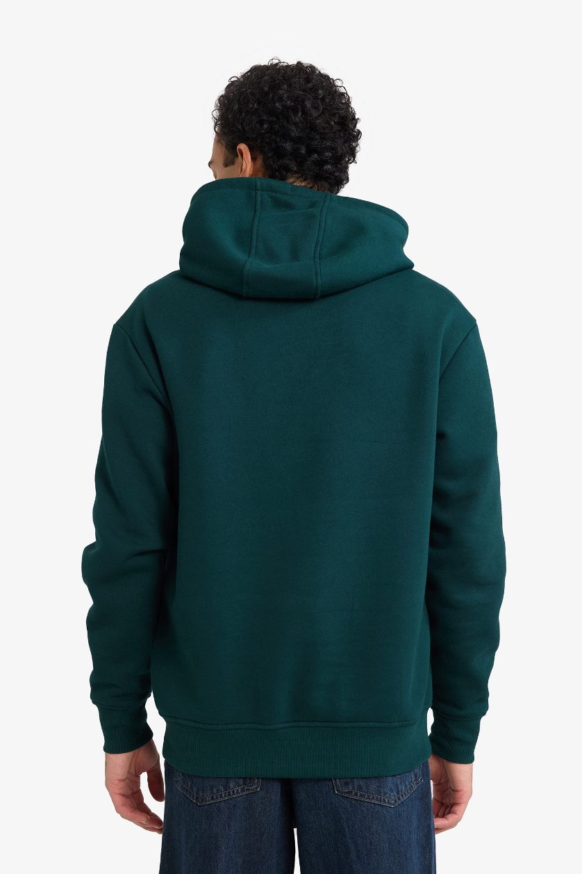 رجال أخضر غامق سويت شيرت قصة عادية بغطاء للرأس بجيب