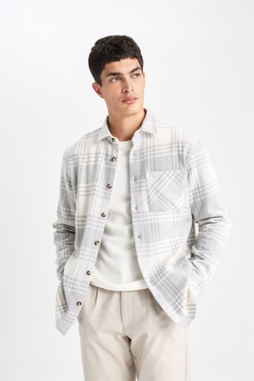 رجال ميلانج رمادي قميص كاروهات ردن طويل قصة عادية