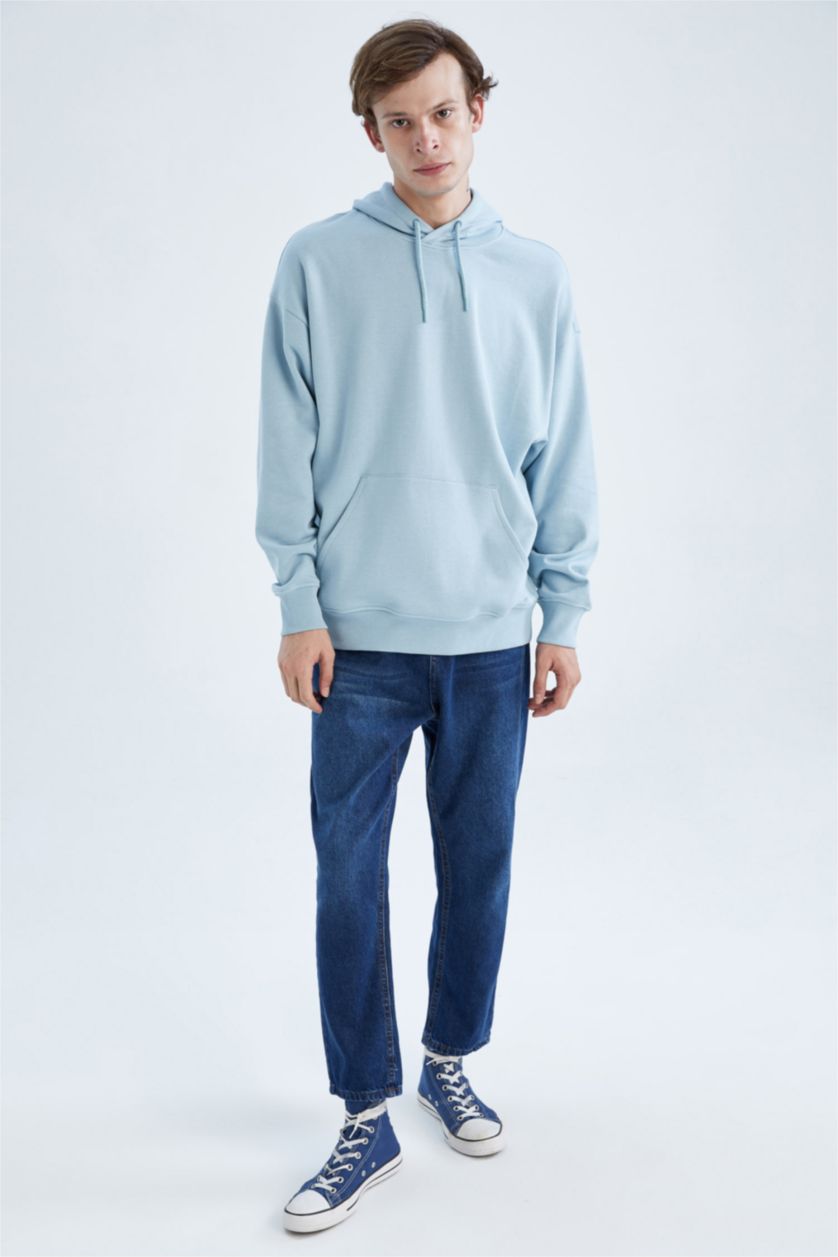 Мужчины Голубрй Свитшот оверсайз с капюшоном для мужчин
