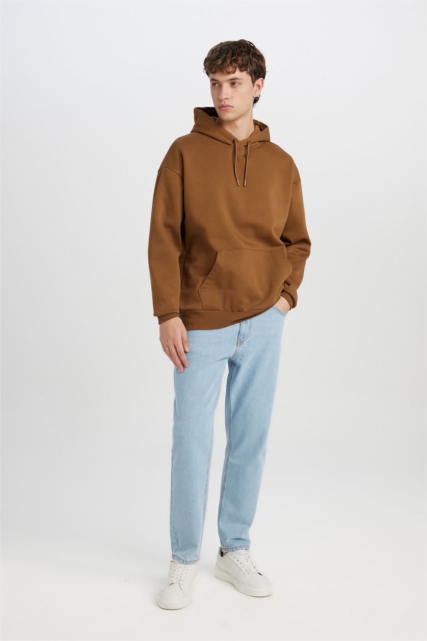 Erkek Açık Kahve Oversize Geniş Kalıp Kapüşonlu Kanguru Cepli Basic Düz Sweatshirt