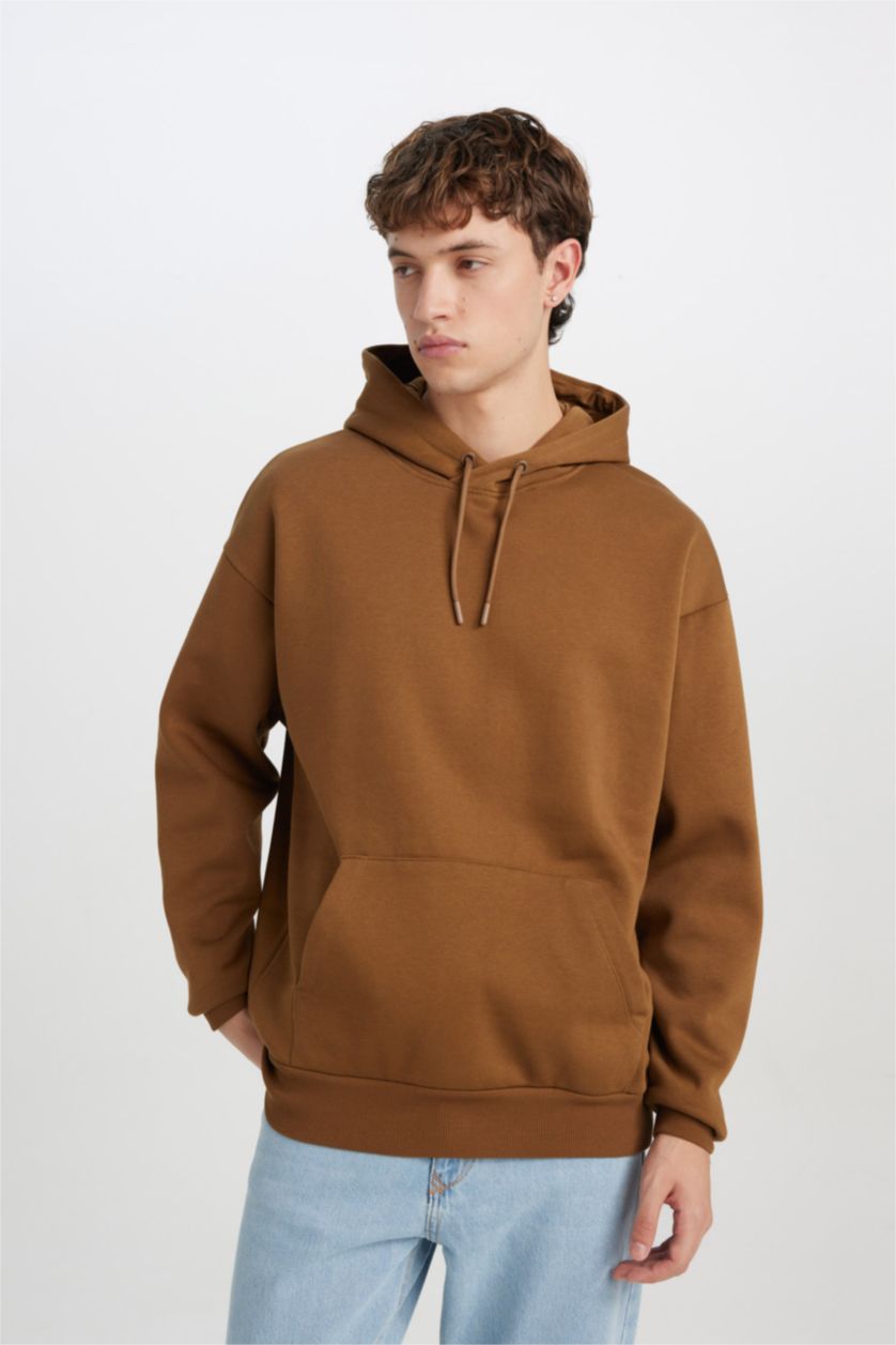 Erkek Açık Kahve Oversize Geniş Kalıp Kapüşonlu Kanguru Cepli Basic Düz Sweatshirt