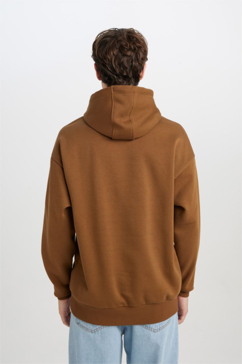 Erkek Açık Kahve Oversize Geniş Kalıp Kapüşonlu Kanguru Cepli Basic Düz Sweatshirt