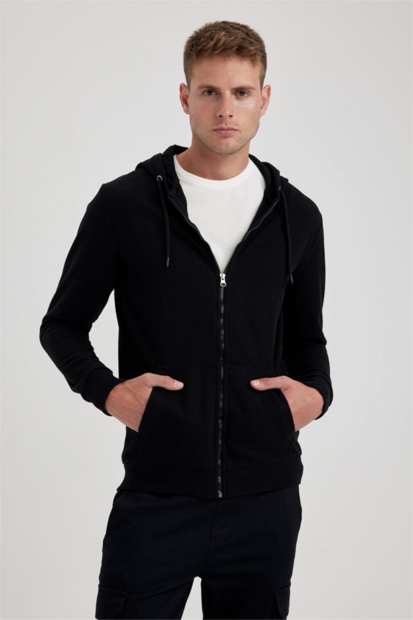 رجال أسود سويتر بغطاء للرأس وسحاب ذو قصة عادية