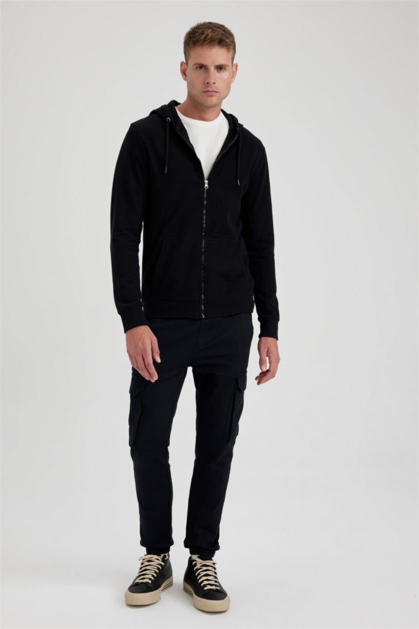 رجال أسود سويتر بغطاء للرأس وسحاب ذو قصة عادية