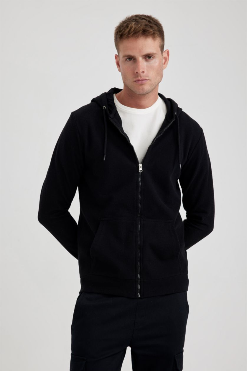 رجال أسود سويتر بغطاء للرأس وسحاب ذو قصة عادية