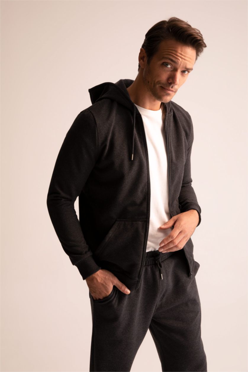 MAN Anthracite Melange Regular Fit Hooded Zippered Cardigan