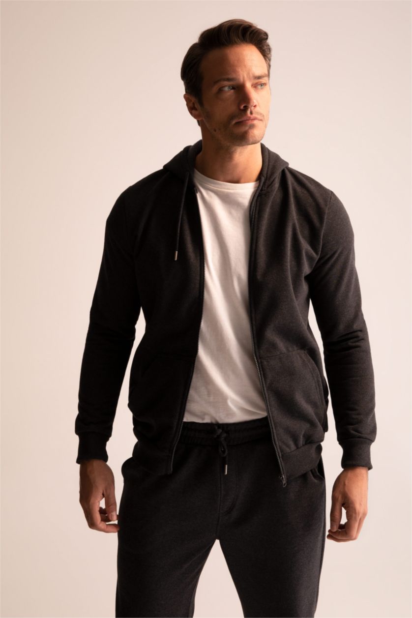 MAN Anthracite Melange Regular Fit Hooded Zippered Cardigan