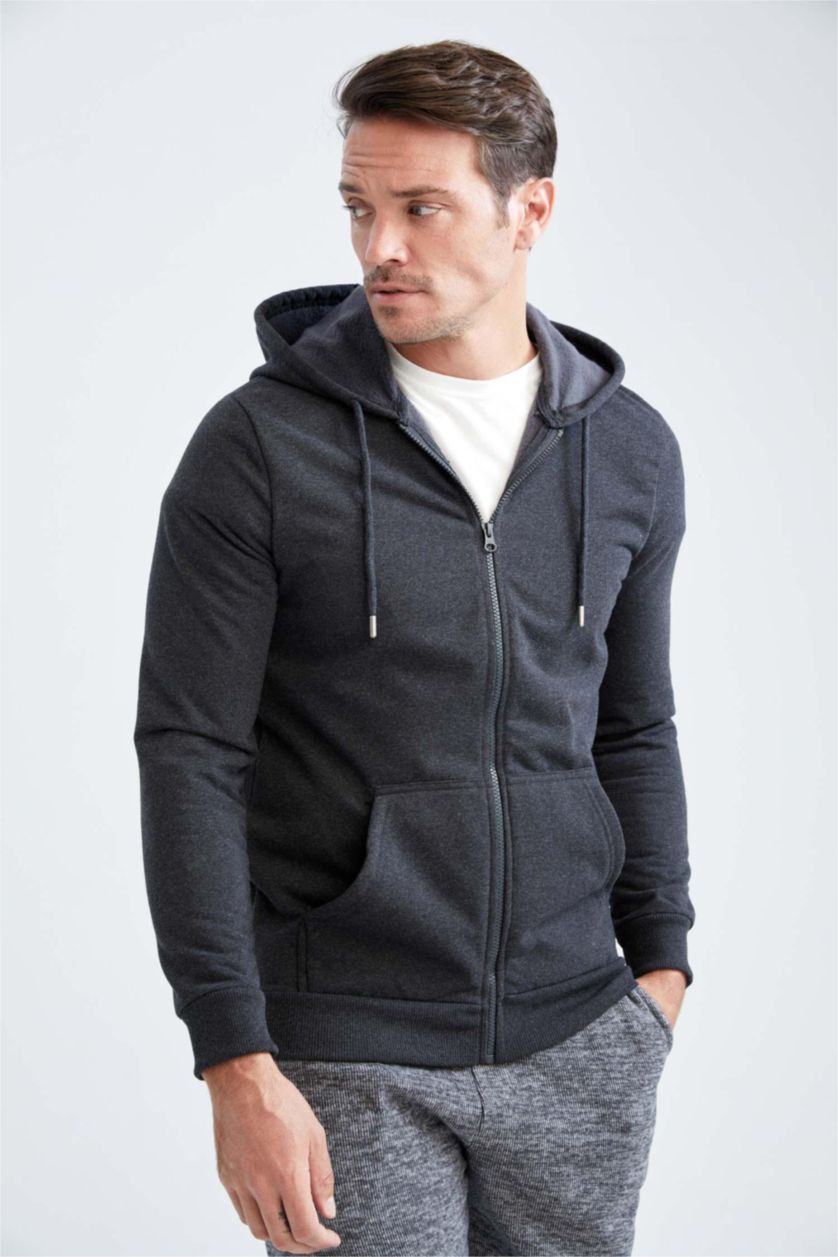 MAN Anthracite Melange Regular Fit Hooded Zippered Cardigan