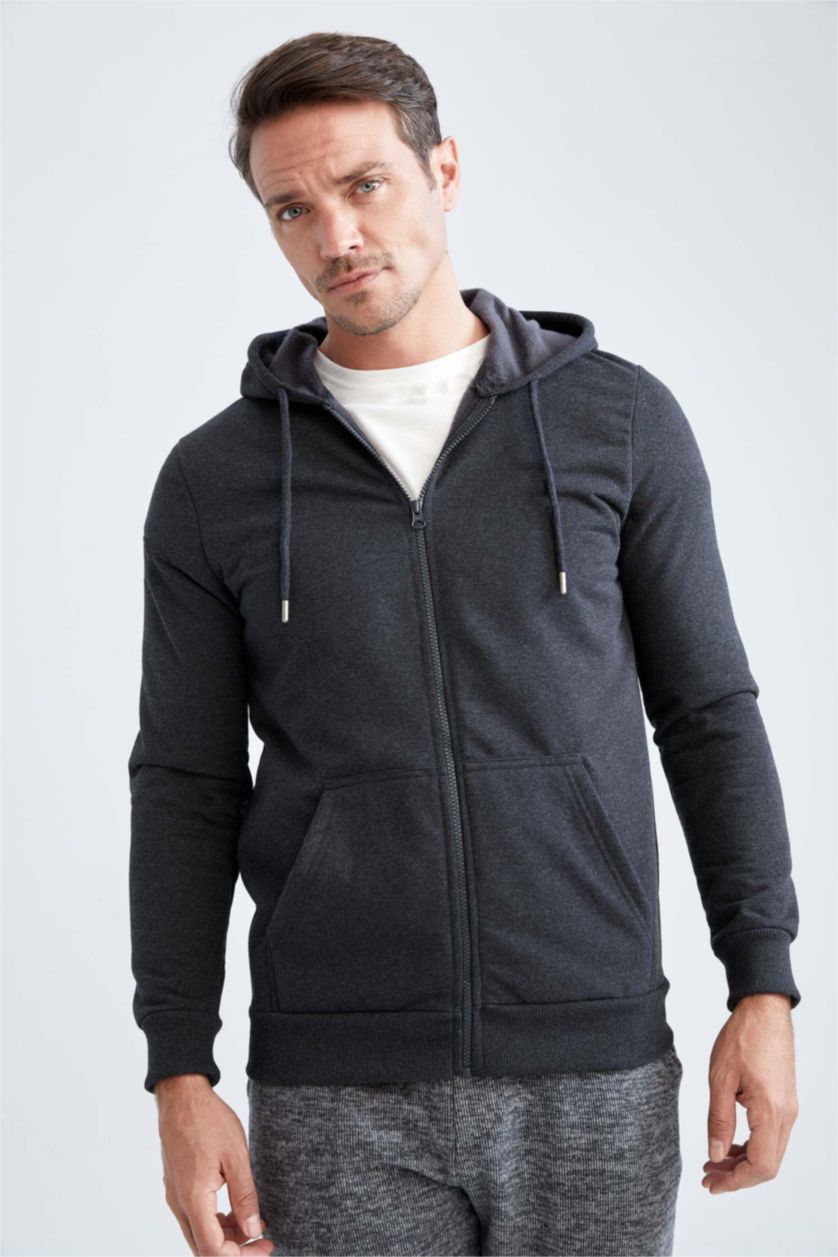 MAN Anthracite Melange Regular Fit Hooded Zippered Cardigan