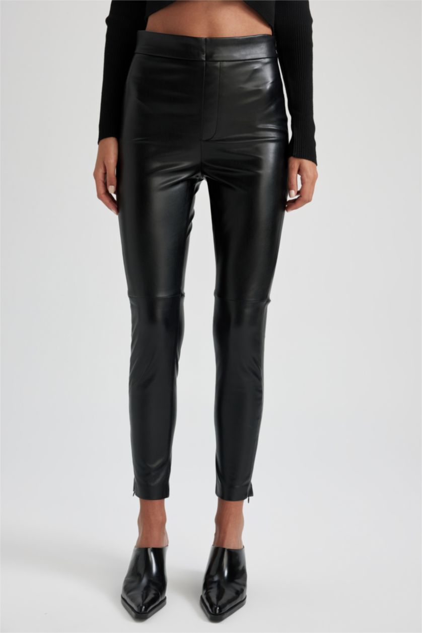 Kadın Siyah Yüksek Bel Suni Deri Tayt