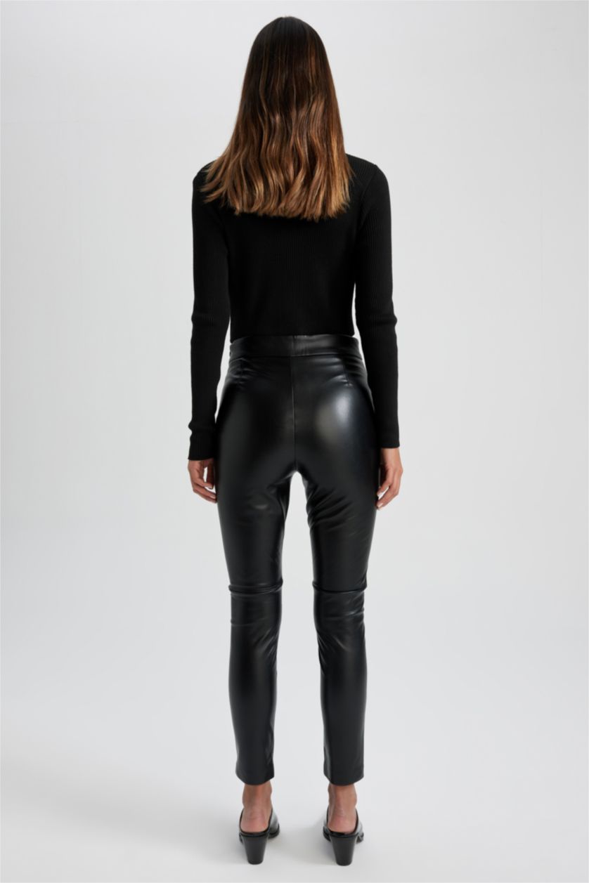 Kadın Siyah Yüksek Bel Suni Deri Tayt