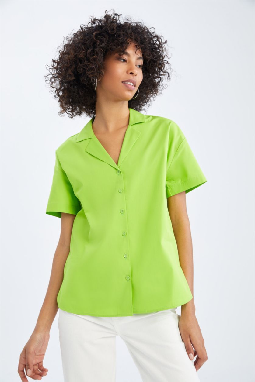 Woman Green Oversize Fit Short Sleeve Poplin Shirt