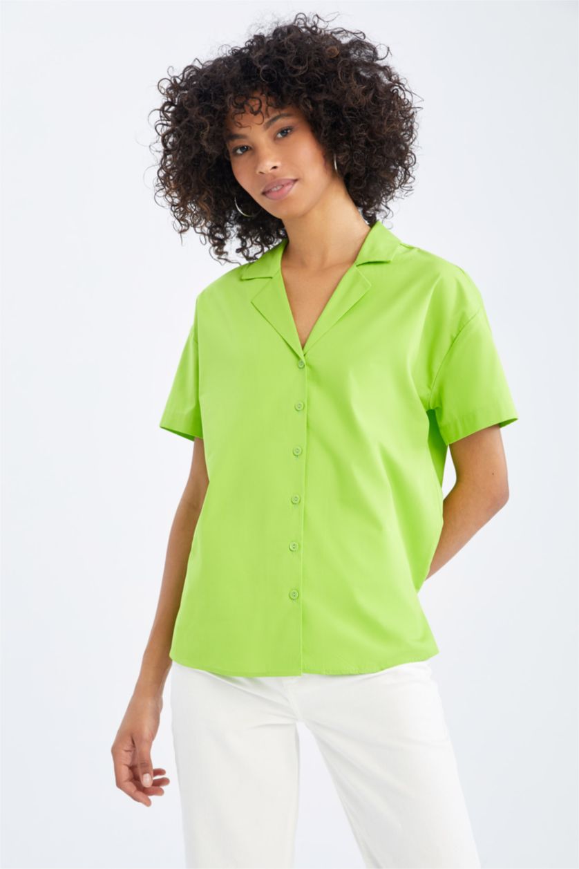 Woman Green Oversize Fit Short Sleeve Poplin Shirt