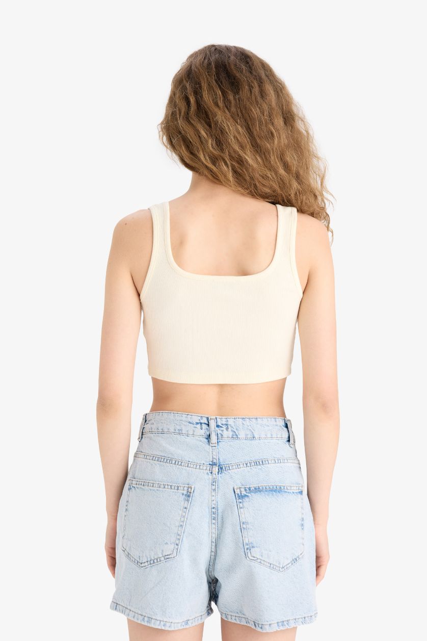 WOMAN Ecru Fitted Square Collar Ribbed Camisole Crop Top