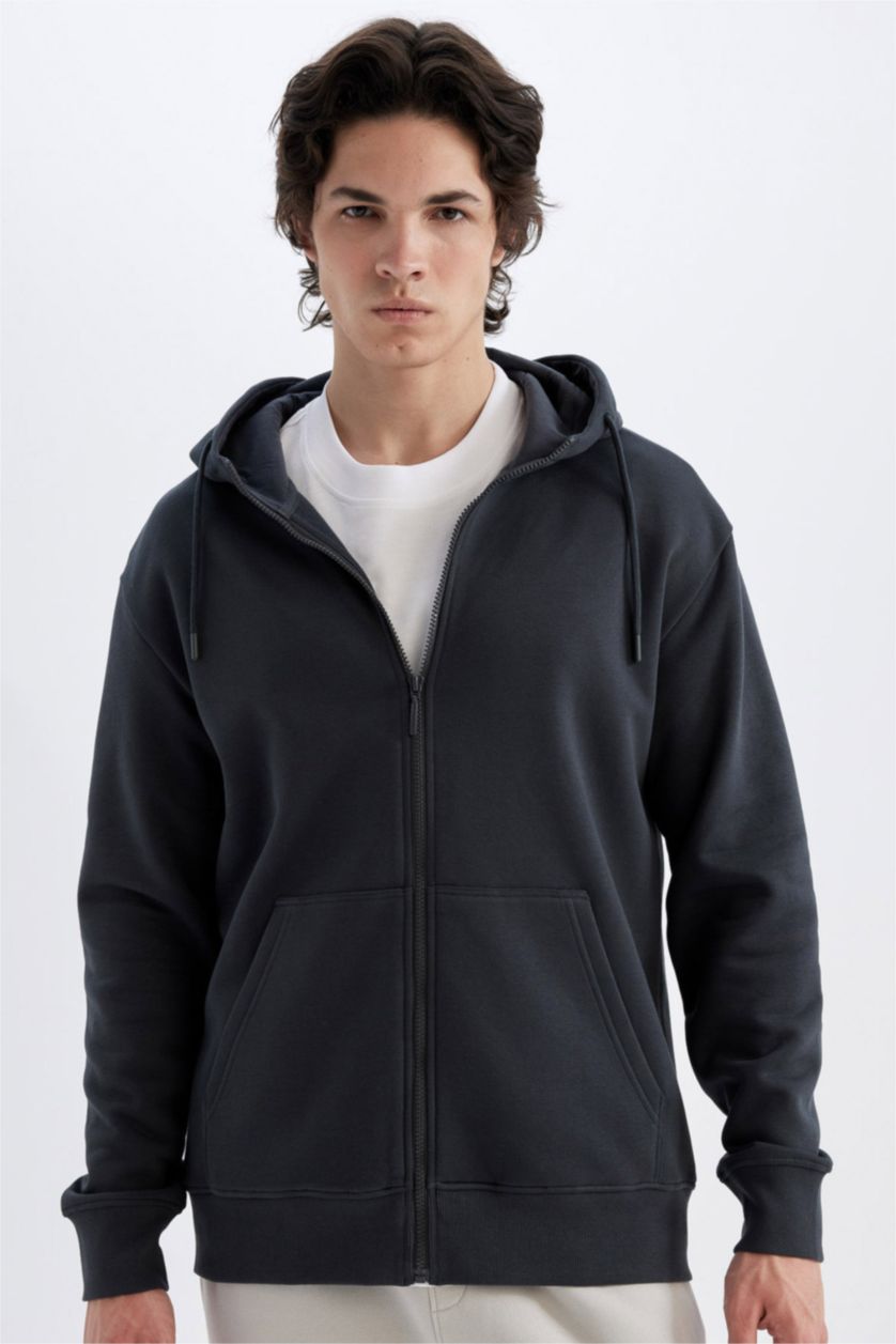 Erkek Antrasit Regular Fit Kapüşonlu İçi Yumuşak Tüylü Cepli Basic Düz Fermuarlı Sweatshirt