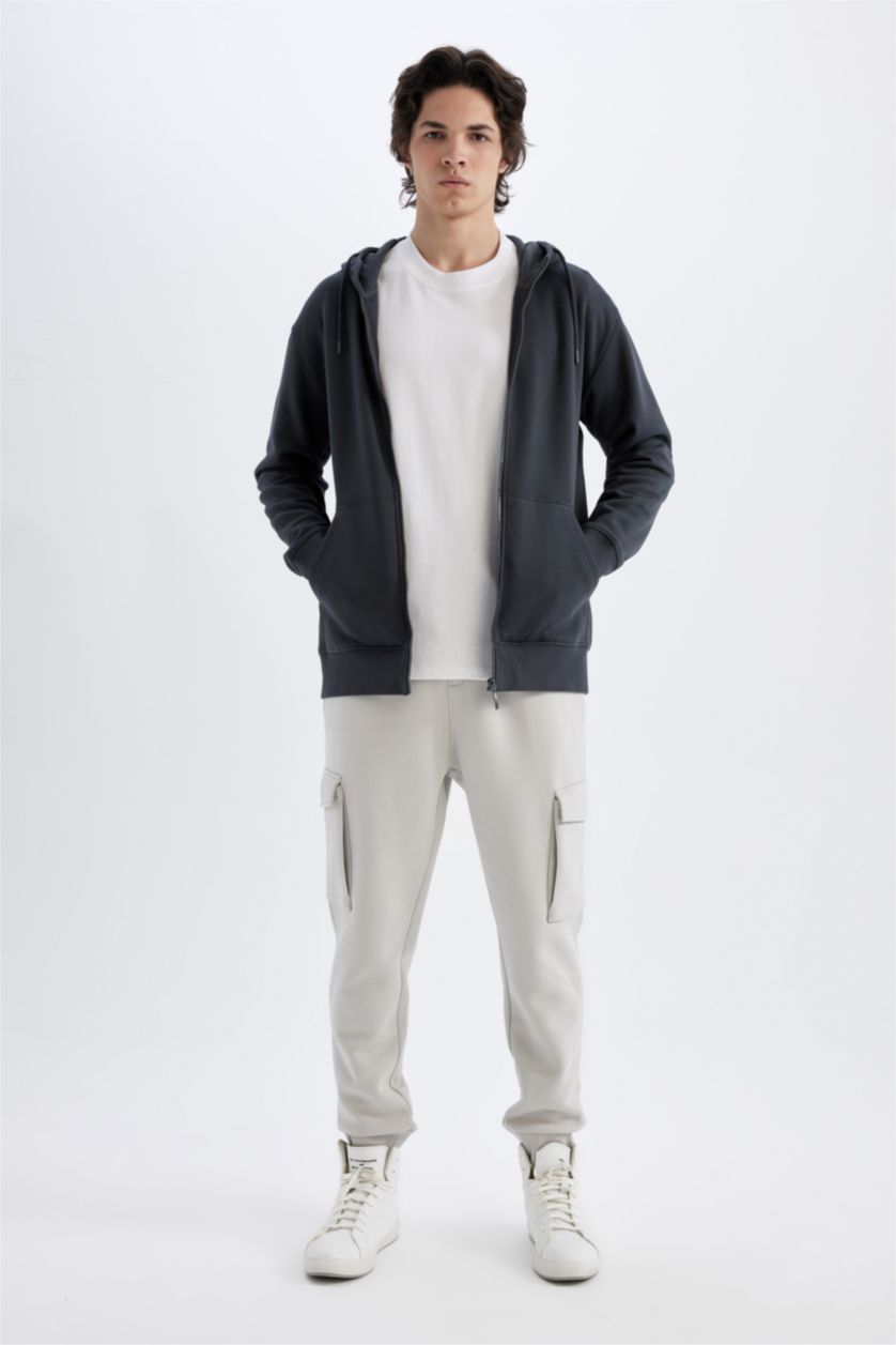 Erkek Antrasit Regular Fit Kapüşonlu İçi Yumuşak Tüylü Cepli Basic Düz Fermuarlı Sweatshirt