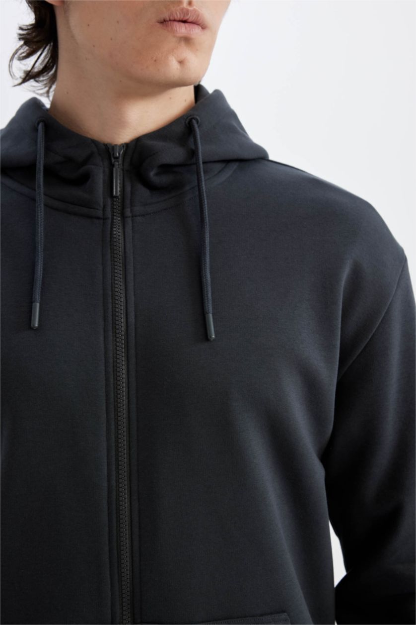 Erkek Antrasit Regular Fit Kapüşonlu İçi Yumuşak Tüylü Cepli Basic Düz Fermuarlı Sweatshirt