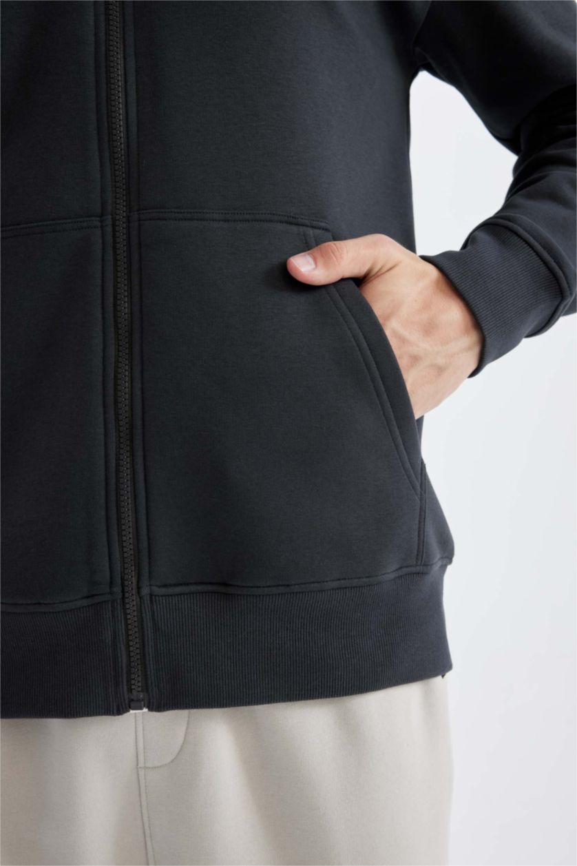 Erkek Antrasit Regular Fit Kapüşonlu İçi Yumuşak Tüylü Cepli Basic Düz Fermuarlı Sweatshirt