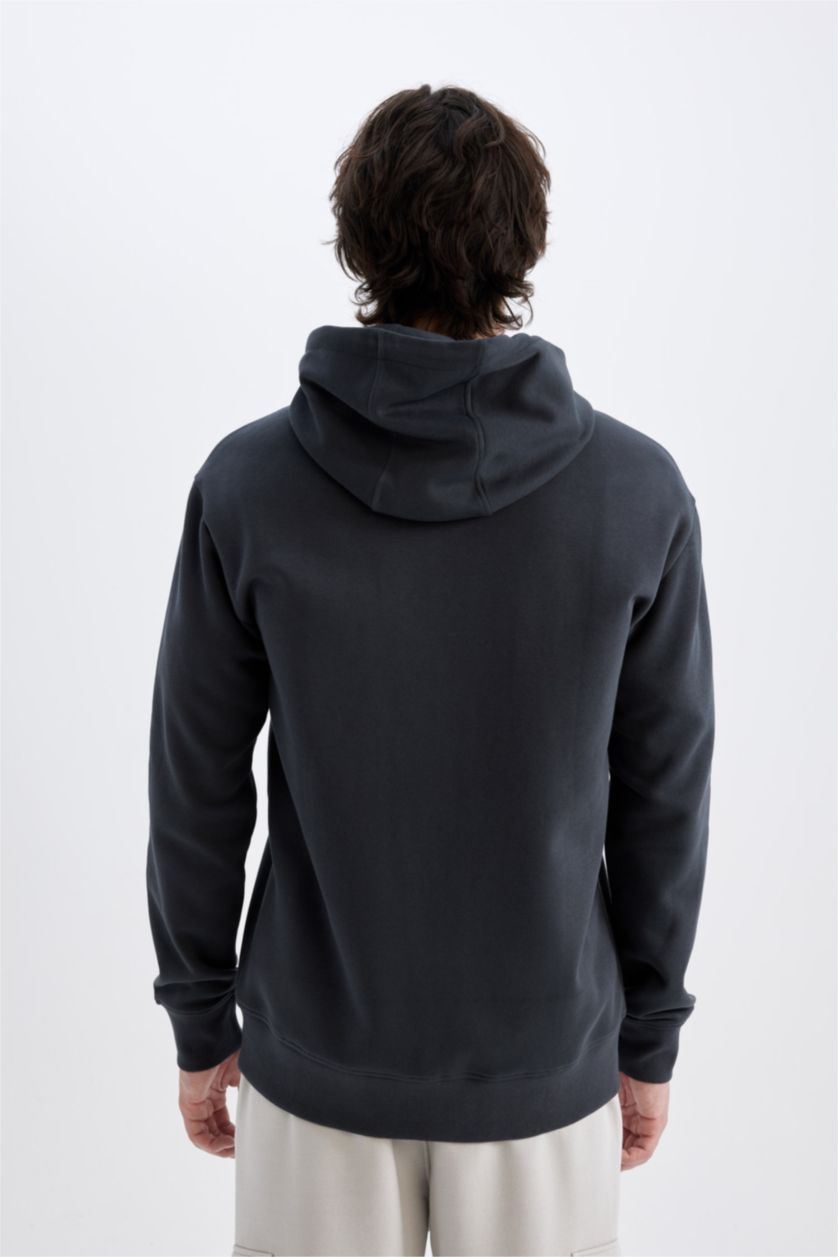 Erkek Antrasit Regular Fit Kapüşonlu İçi Yumuşak Tüylü Cepli Basic Düz Fermuarlı Sweatshirt