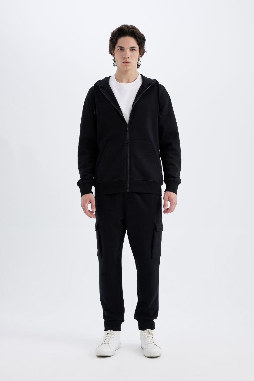 Man Black Black Regular Fit Hooded Soft Furry Inside Pocket Basic Sweatshirt