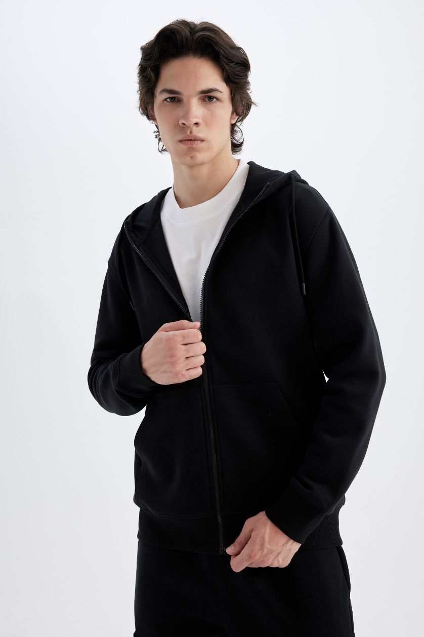 Man Black Black Regular Fit Hooded Soft Furry Inside Pocket Basic Sweatshirt