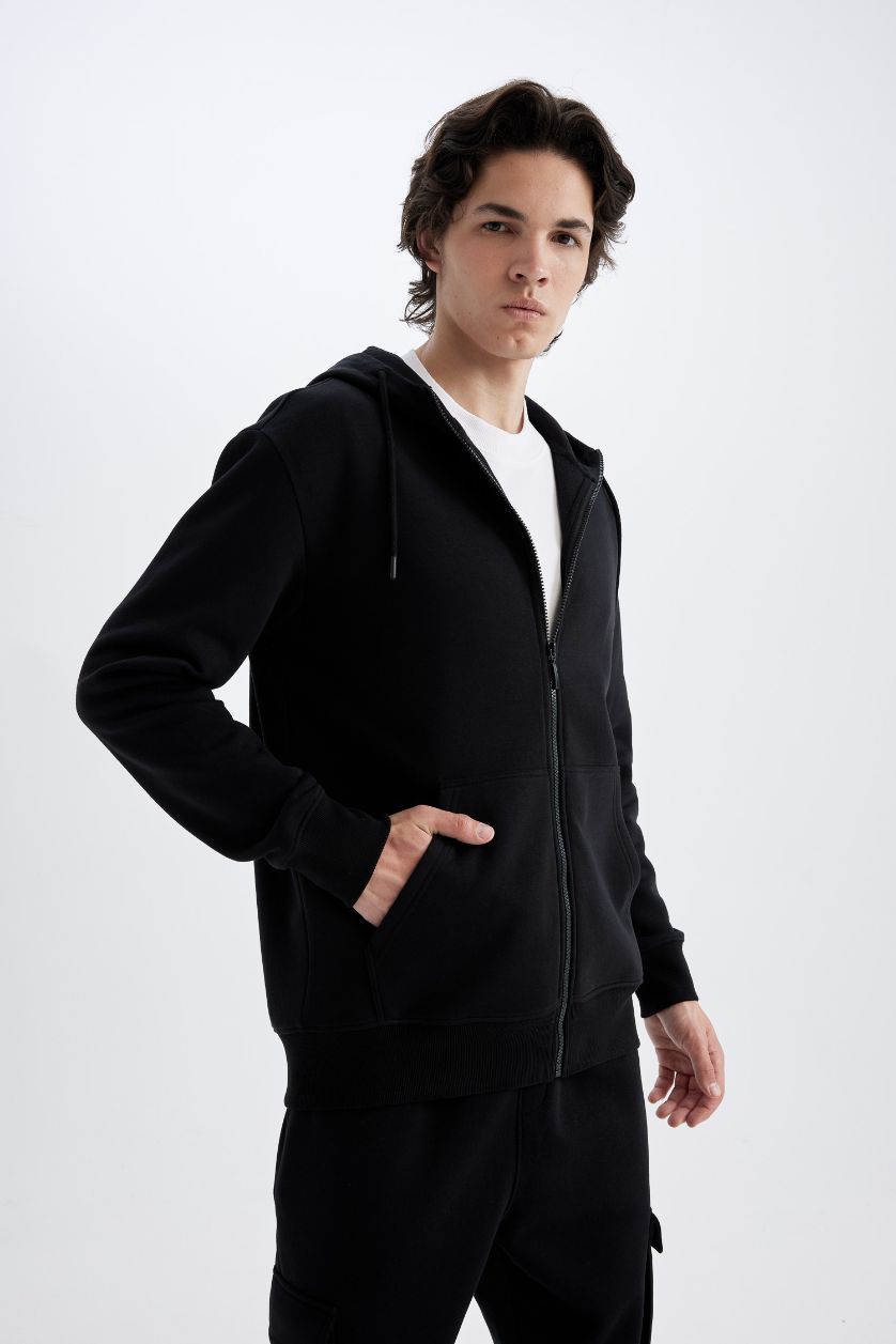 Man Black Black Regular Fit Hooded Soft Furry Inside Pocket Basic Sweatshirt