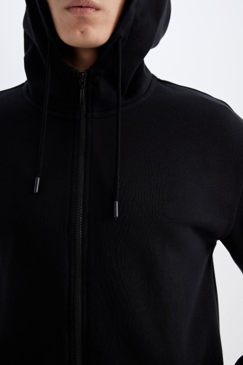 Man Black Black Regular Fit Hooded Soft Furry Inside Pocket Basic Sweatshirt