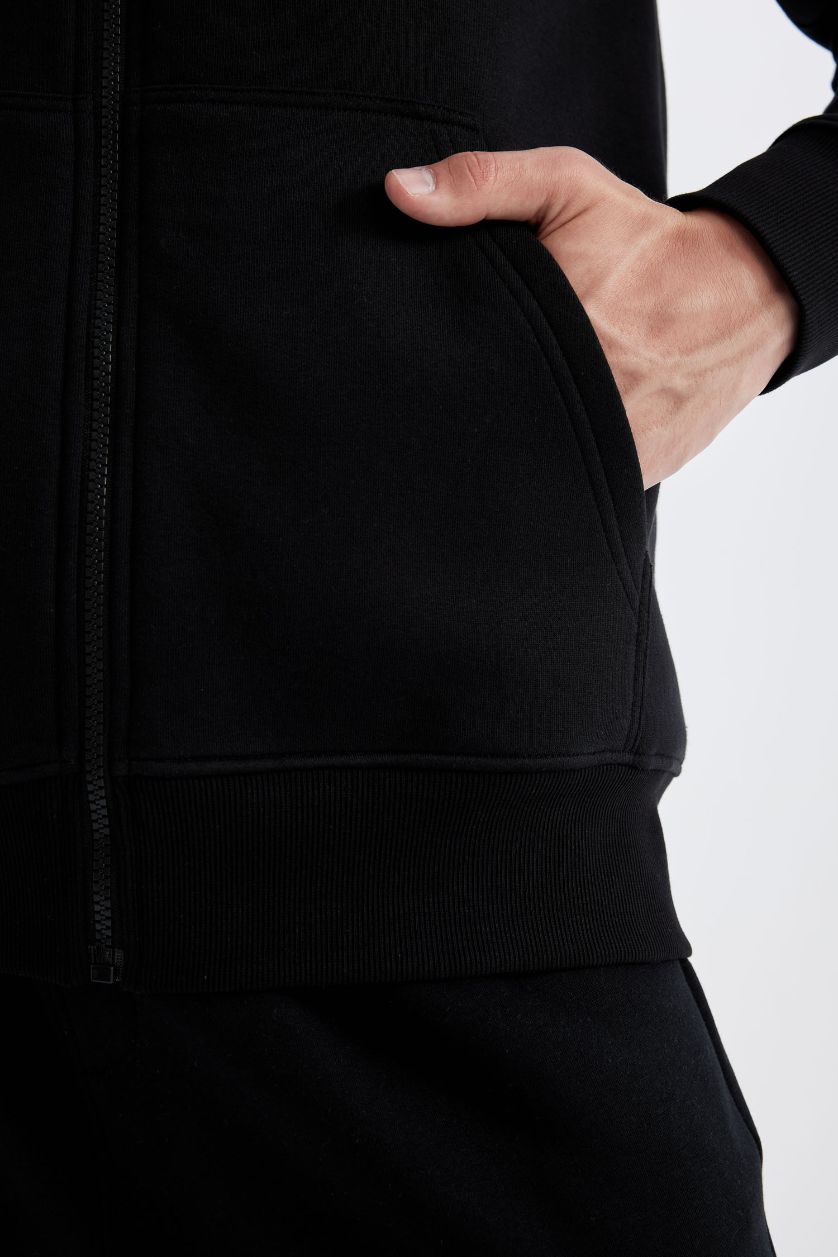 Man Black Black Regular Fit Hooded Soft Furry Inside Pocket Basic Sweatshirt