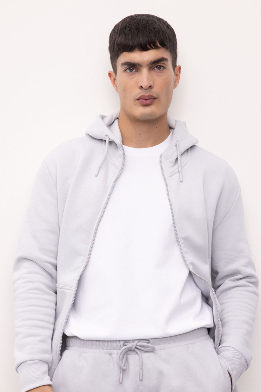 MAN Light Grey Regular Fit Soft Furry Inside Basic Zip-Up Hoodie