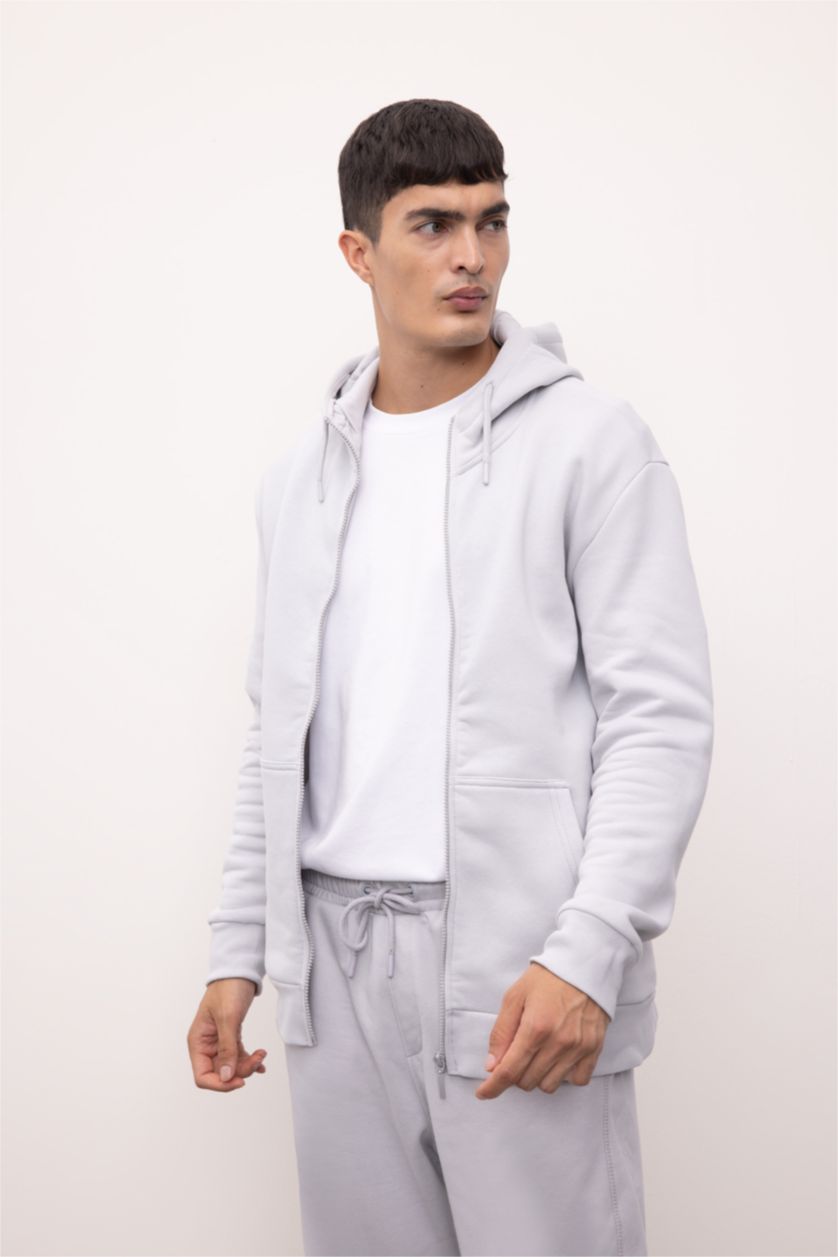MAN Light Grey Regular Fit Soft Furry Inside Basic Zip-Up Hoodie