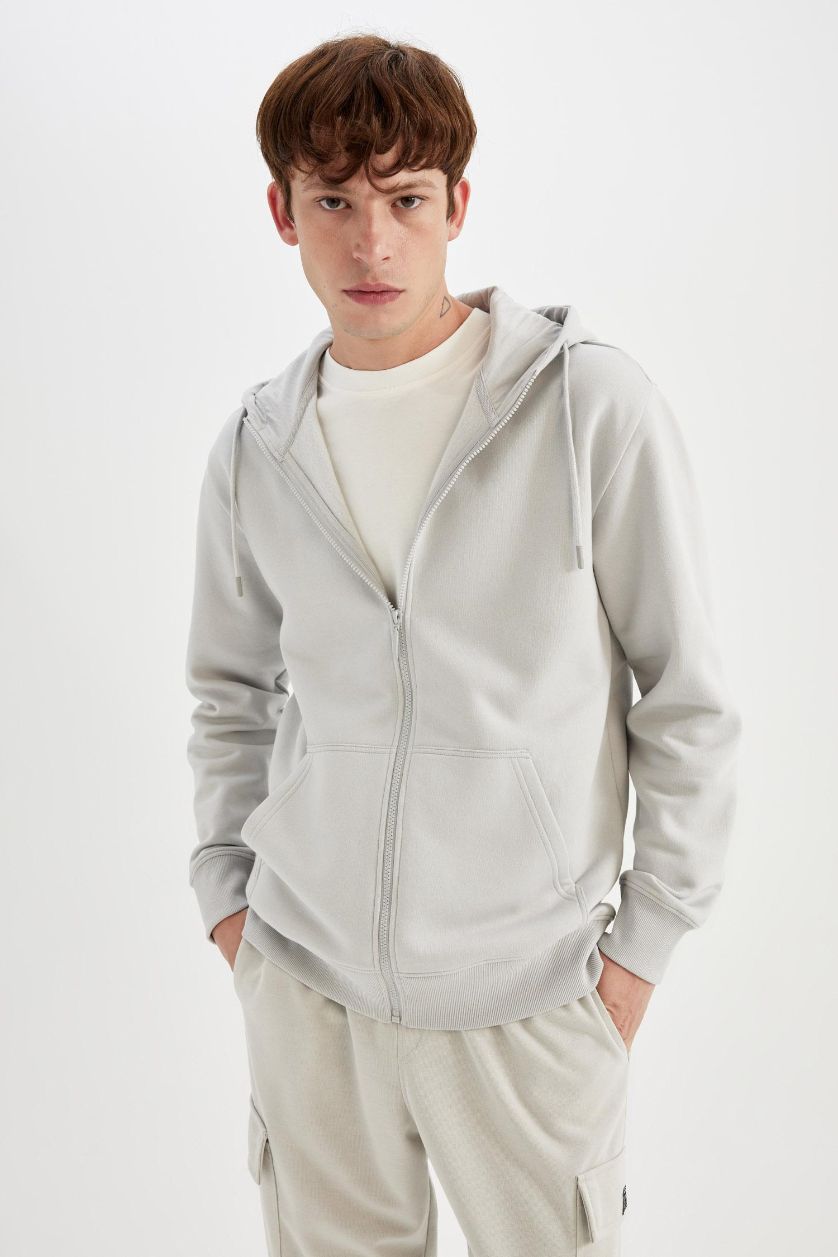 MAN Light Grey Regular Fit Soft Furry Inside Basic Zip-Up Hoodie