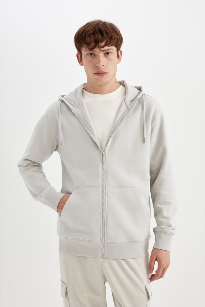 MAN Light Grey Regular Fit Soft Furry Inside Basic Zip-Up Hoodie
