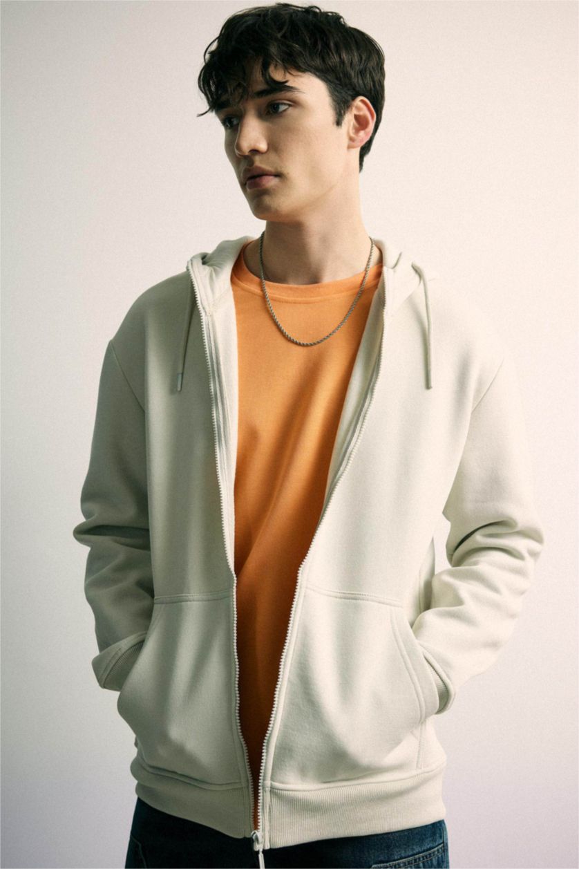 MAN Stone Gray Regular Fit Hooded Soft Furry Inside Pocket Basic Sweatshirt