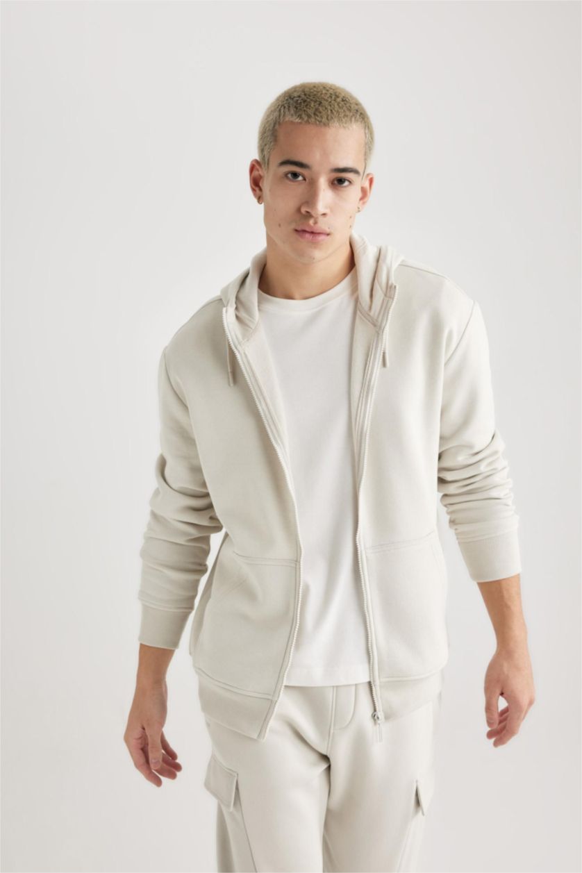 MAN Stone Gray Regular Fit Hooded Soft Furry Inside Pocket Basic Sweatshirt